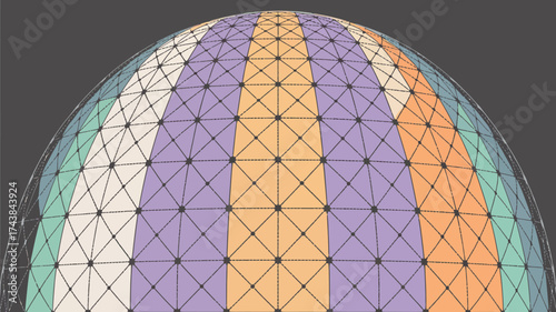 A dome structure with triangular mesh and colored panels in shades of purple orange and green tones