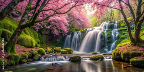 Fototapeta Naklejka Na Ścianę i Meble -  Serene waterfall cascading in a lush forest surrounded by vibrant cherry blossom trees with delicate pink petals gently falling onto the mossy ground , sakura, nature