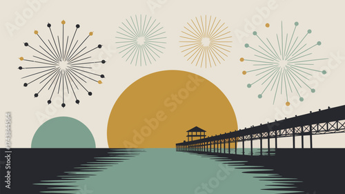 Stylized pier extending into the water with sun and abstract fireworks in the background scene design