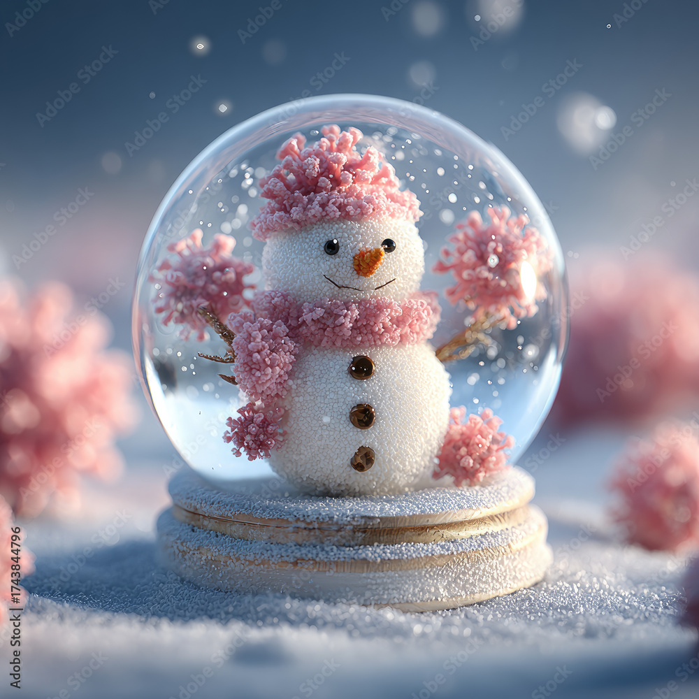 Obraz premium Snow globe with two cheerful snowmen and a giant virus molecule looming behind them, symbolizing a cozy holiday scene shaped by pandemic caution and new-normal celebrations