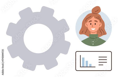 Gear icon, female avatar, and bar chart illustrate teamwork, productivity, data management, and tech collaboration. Ideal for workflow, optimization, data-driven decisions teamwork efficiency