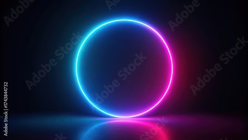 Glowing neon circle with soft light effect on dark black background, edgy, modern,  edgy, modern, cityscape , inviting