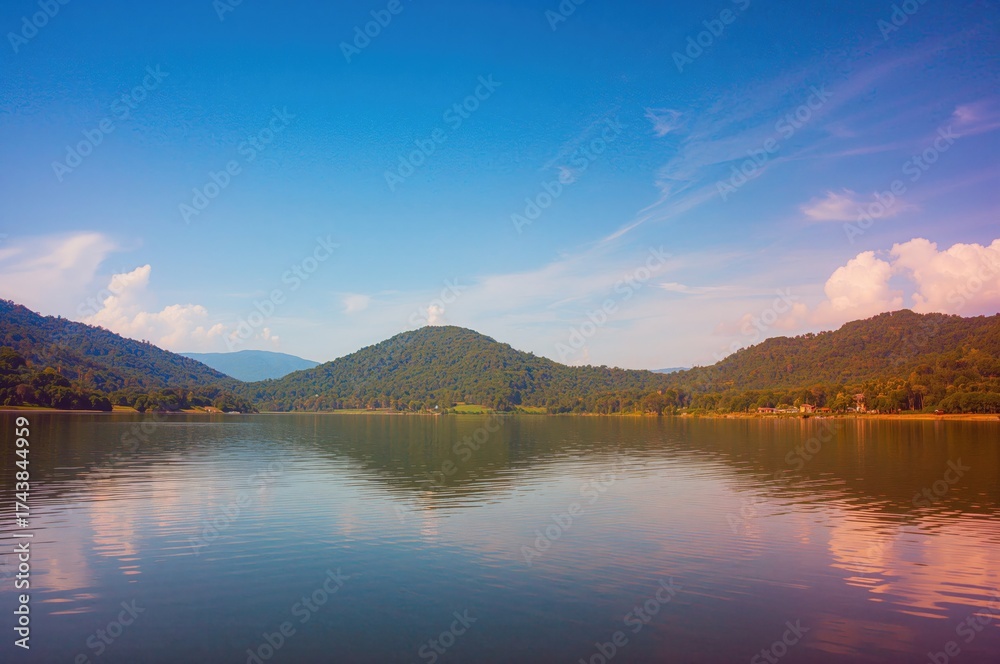 Obraz premium Serene lake waters surrounded by lush nature and peaceful reflections