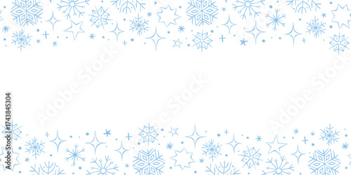 Vector background, frame, border from blue snowflakes in doodle style. Horizontal top and bottom edging, decoration of winter design, Snowfall, Christmas, new year