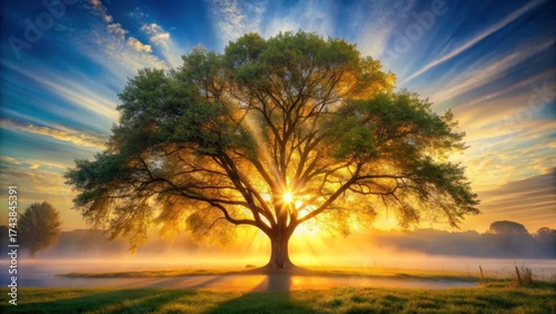 Golden light filters through tree of life branches in morning sunrise