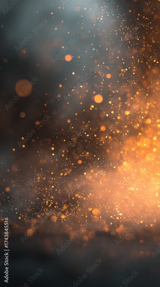 Obraz premium Dreamy blurred background with light bursts, flying embers and magic dust shimmer, warm Halloween glow suggesting transformation, clean composition with copy space.