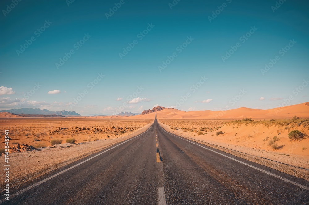 Fototapeta premium Empty asphalt road stretching through a scenic landscape