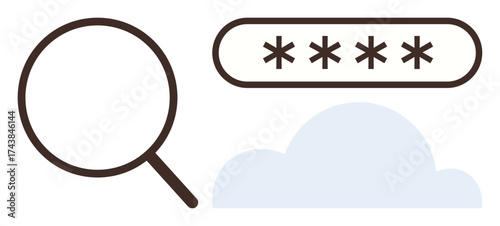 Magnifying glass, password entry field with asterisks, cloud icon. Ideal for cybersecurity, online privacy, secure storage, internet access, digital data, authentication simple flat metaphor