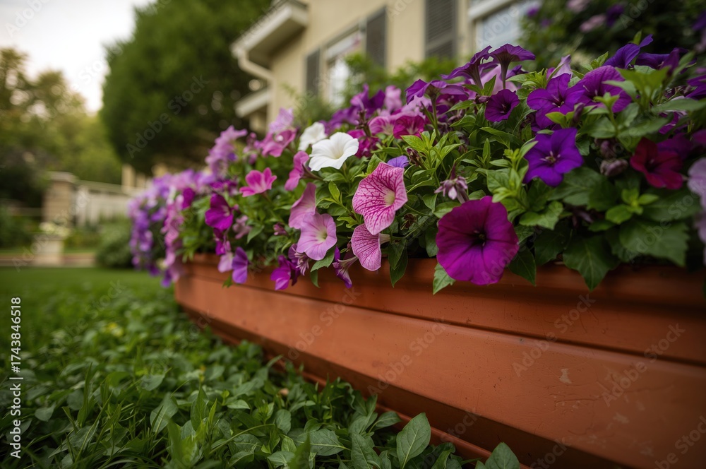 Fototapeta premium Close-up of vibrant Petunia blooms in an extended planter outdoors. Gardening theme.