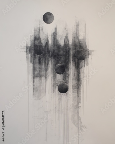 Wallpaper Mural Abstract Charcoal Drawing with Floating Spheres and Dripping Cityscape. AI generative Torontodigital.ca