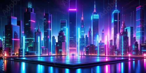 Futuristic neon cityscape at night with abstract skyscrapers and glowing lights in a mockup product display area, abstract skyscrapers, futuristic city