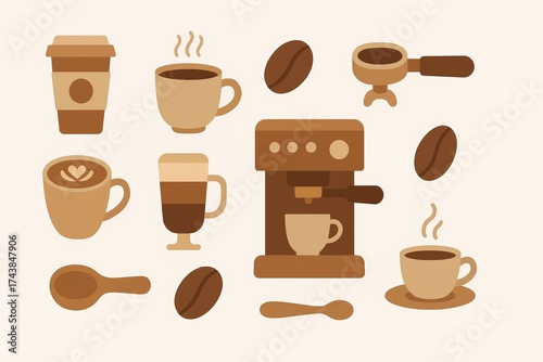 Coffee Scene With Espresso Machine, Cups, Beans, and Utensils for Cozy Morning Brew