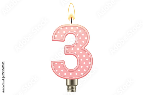 Vector art of number three candle with polka dots, perfect for a third birthday celebration