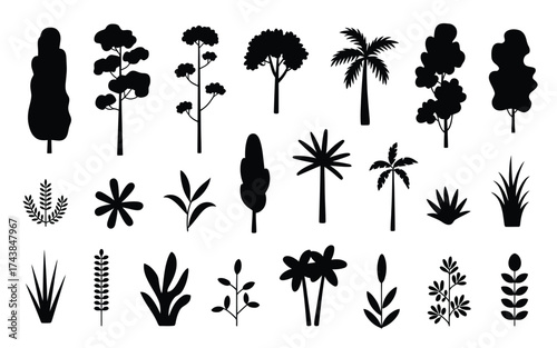 Collection of diverse tree and plant silhouettes vector illustration scalable eps graphic elements silhouette vector illustration white background