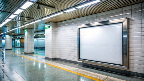 A blank billboard in a subway station with a large screen display and sleek metal frame, void, subway