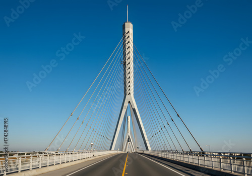 A modern cable-stayed bridge with a tall central tower and cables fanning out under a clear blue sky.