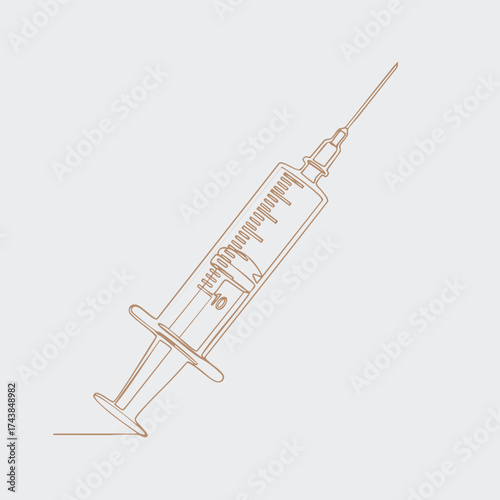 Detailed line drawing of a medical syringe with a needle and plunger, on a light for healthcare and medical use