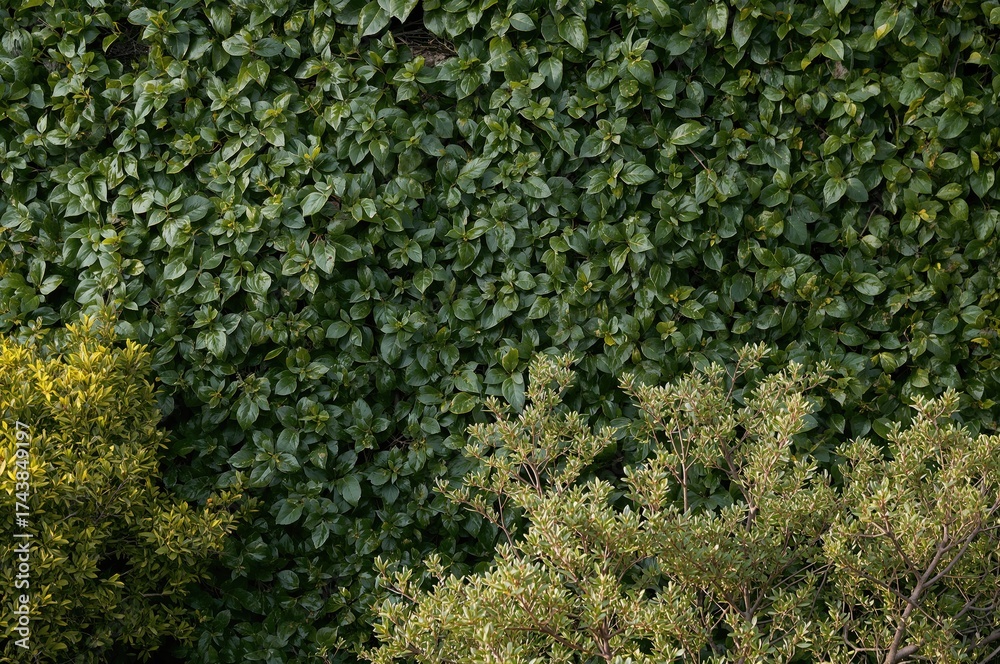 Naklejka premium Lush greenery with vibrant boxwood and a hedge of Tidewater Green leaves in a natural setting. Popular color choice.