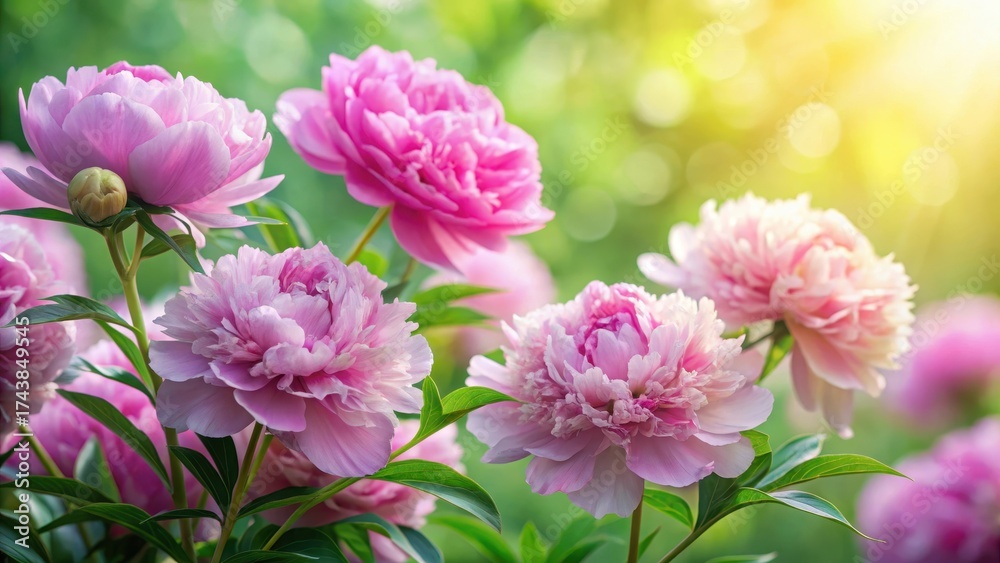 Fototapeta premium Softly blooming fluffy pink peony flowers fill a lush green background with delicate stems and leaves , peonies, floral, peonies
