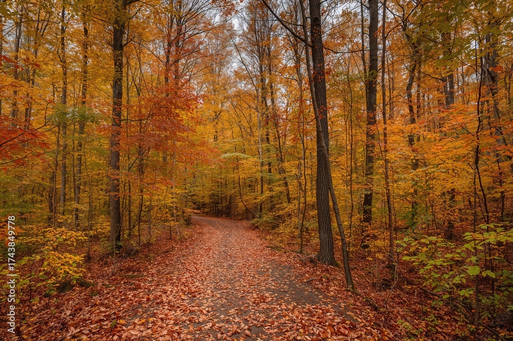 Obraz premium Trail Through a Colorful Mixed Hardwood Forest in Fall