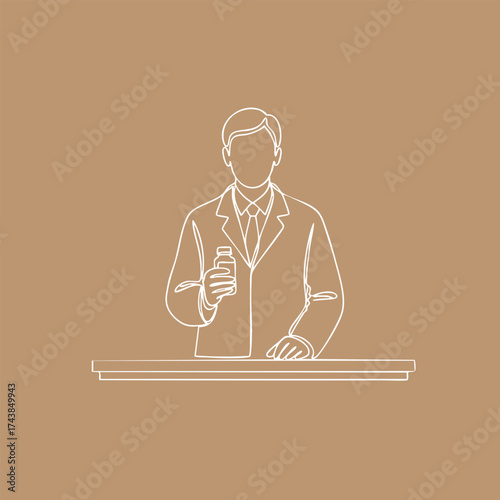 Minimalist Line Drawing of a Man in Formal Attire Holding a Bottle Behind a Desk on a Solid