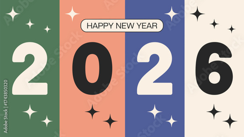 A new year graphic with the year two thousand twenty six and stars on a colorful background design