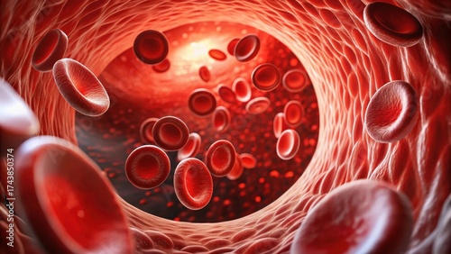 Blood cells flowing through a vein in a microscopic view with a red background and a white light source, showing the movement of platelets and red blood cells , microscopic, blood cells