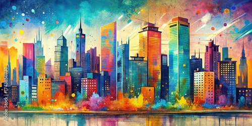 Distressed urban landscape with bright hues and abstract shapes