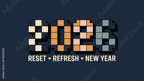 A pixelated illustration of the year 2026 with reset refresh and new year text on a dark background