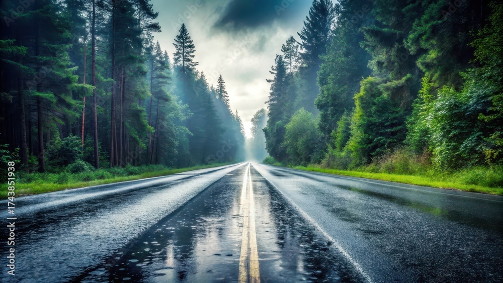 Naklejka premium A wet road with deep tire tracks in the center, surrounded by blurred trees and a distant sky , overcast