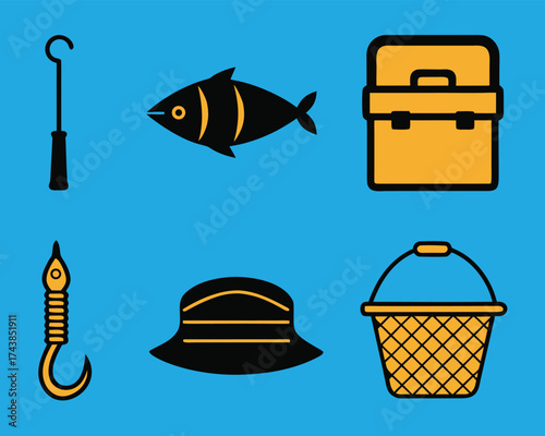Essential fishing gear icons set: fish, tackle box, hook, hat, basket, and gaff. Perfect for outdoor recreation and angling design projects.