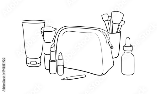 Сosmetic bag with tube of face and body cream in line art style on white background. Body and face care outline. Vector illustration	
