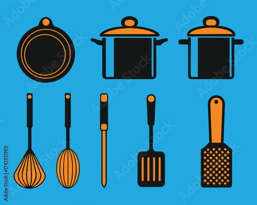 Essential kitchen cooking tools and cookware set including pots, pans, whisks, spatula, and grater, perfect for home chefs.
