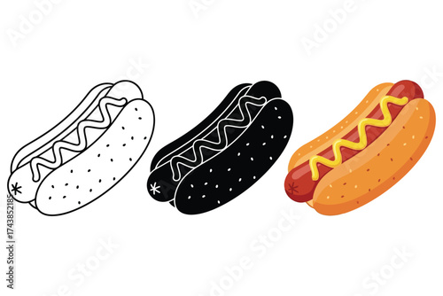 Vector art of hot dog illustration, showcasing outline, silhouette, and full color versions for versatile design