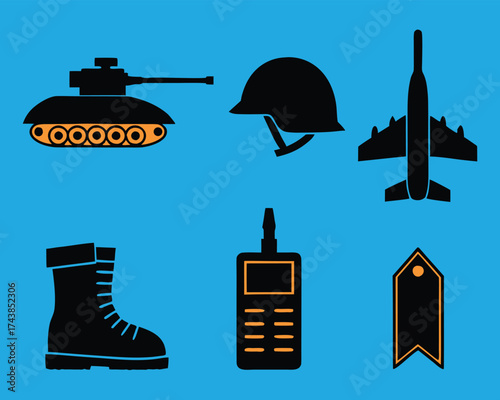 Military equipment and army gear icons featuring a tank, fighter jet, combat boot, helmet, walkie-talkie, and rank insignia on a blue background.