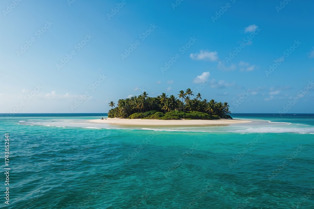 Fototapeta premium Aerial perspective of a small, verdant islet far away.