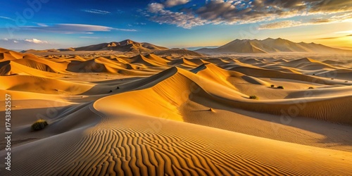 Fototapeta Naklejka Na Ścianę i Meble -  Dune landscape with golden sand and rock formations in Kyzylkum Desert at sunrise, sand dunes