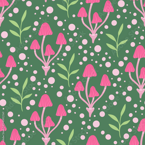 mushroom pale toadstool seamless pattern. Vector Illustration for printing, backgrounds, covers and packaging. Image can be used for greeting cards, posters and textile. Isolated on green background.