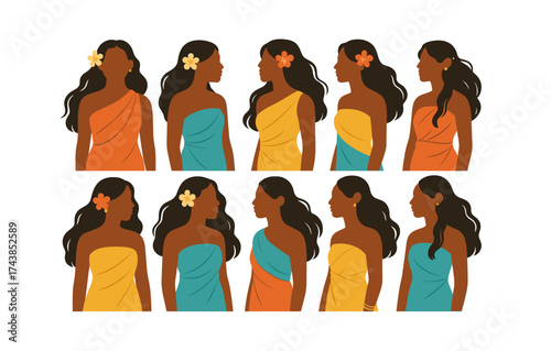 Diverse women in colorful dresses and flowers in hair silhouettes