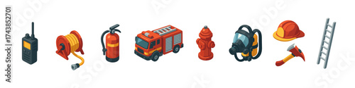 Firefighting equipment isometric set: extinguisher, truck, hydrant, safety gear