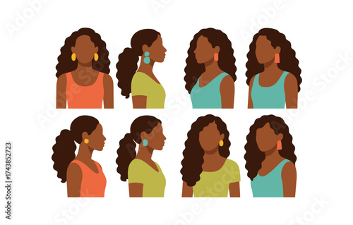 Diverse hairstyles for women: profile and front views with colorful tops
