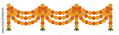 Yellow orange marigold flowers. Indian traditional floral festive garland toran. Zendu flowers isolated on background Party decor. Diwali, Halloween Dia de los Muertos holiday vector illustration