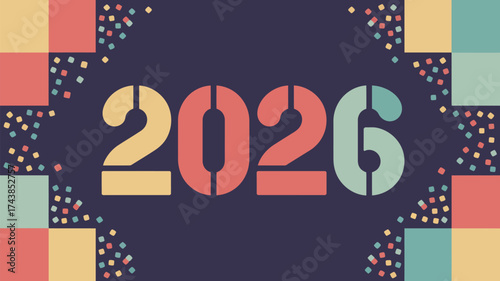 Retro style graphic with the year two thousand and twenty six and confetti and square borders