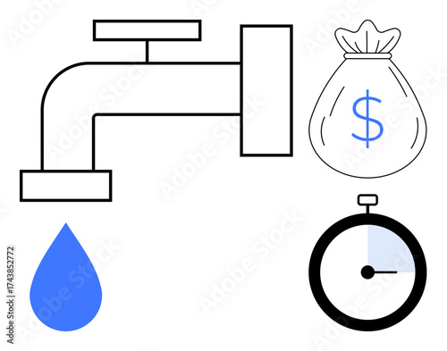Faucet with water drop, money bag, and stopwatch symbolizing saving water, financial planning, resource allocation, expense tracking, ecological awareness, efficiency strategy, simple flat metaphor