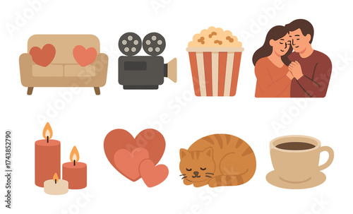 Cozy date night icons with couch, movie projector, popcorn, couple, candles, hearts, cat, coffee