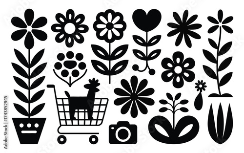 Doodle style vector illustration collection of folk art flowers plants animals and objects silhouette vector illustration white background