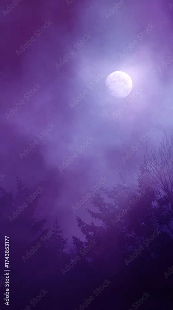 Fototapeta premium Soft blurred background in deep violet and black tones, full moon glow, subtle tree silhouettes, misty air suggesting mystery and calm night, elegant wide copy space.
