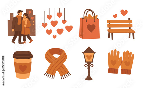 Romantic winter date elements with couple, hearts, and warm accessories