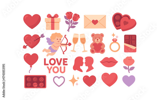 Romantic icons collection featuring cupid, hearts, gifts, and flowers in flat design for valentine's day