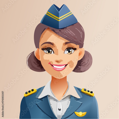 Smiling female pilot with uniform and hat